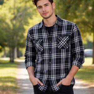 Eighty Eight Platinum Plaid Shirt Mens L Black White Cotton Outdoor Casual Party